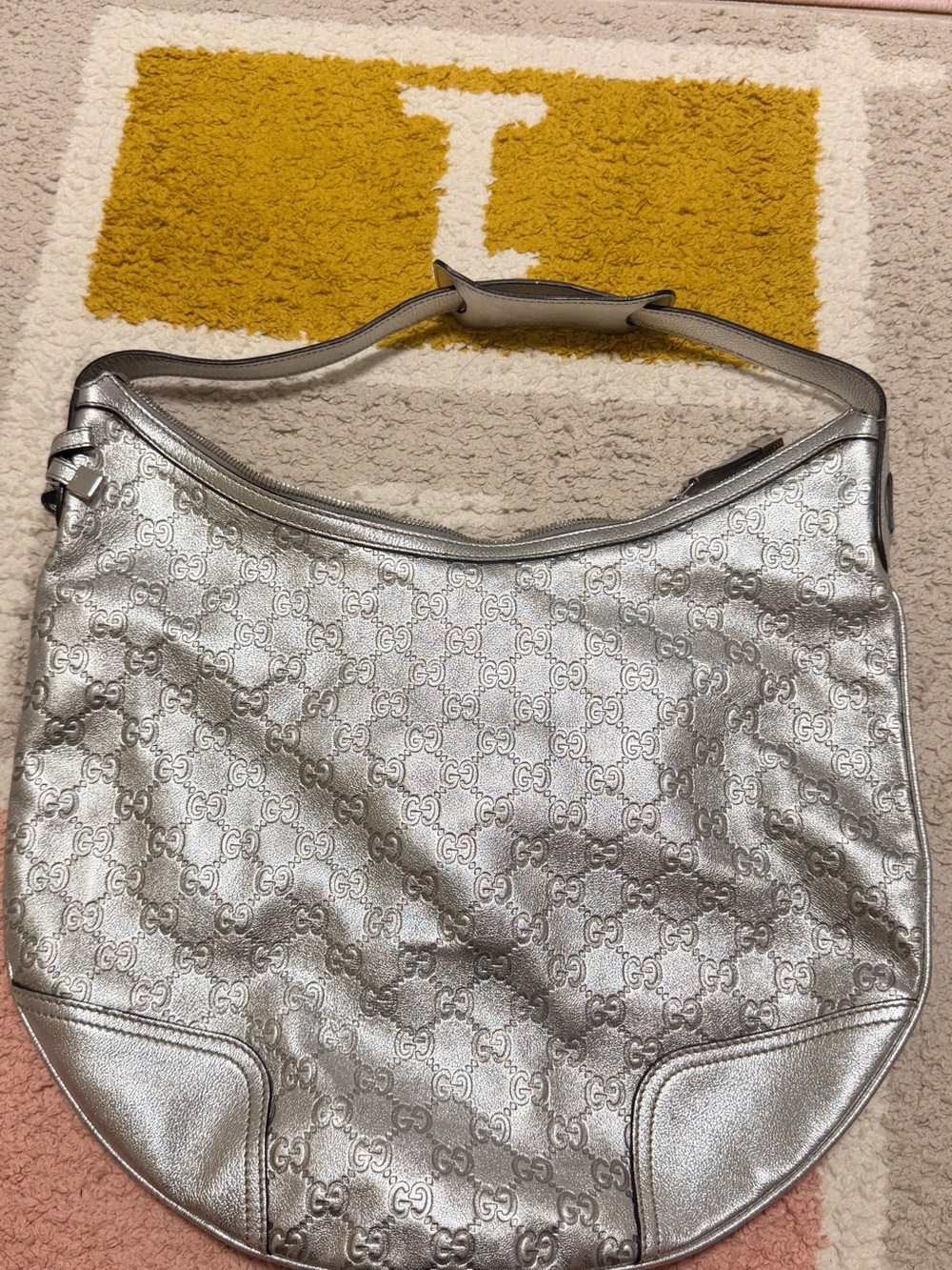 Gucci Metallic Silver Monogram Shoulder Hobo